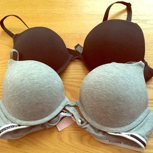 Victoria secret push-up gray and black bras.